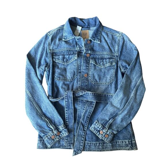 GAP Women’s Belted Denim Jean Jacket Size Medium – Classic Blue Wash - NWT - Picture 1 of 3